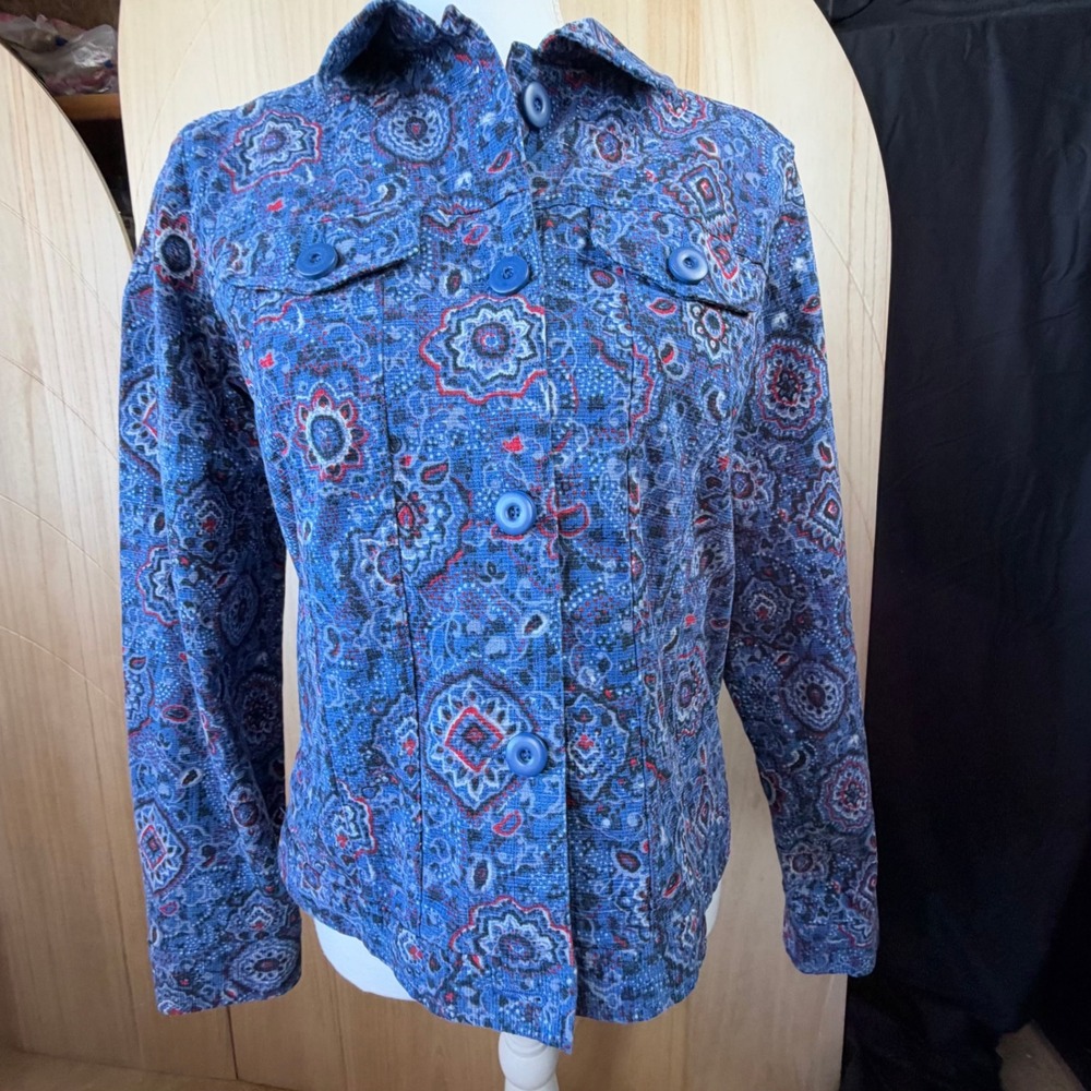 Charter Club Button Front Jacket Womens S Blue Paisley Corduroy Stretch Casual